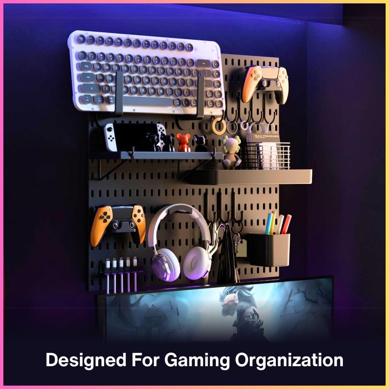 KEEPO Pegboard Combination Kit, Pegboards and Accessories Modular Hanging for Gaming Setup, Gaming Station Peg Board, Gaming Organizer, Wall Game Controller Holder, Headset Stand, (Black, 22″×22″) - Image 3